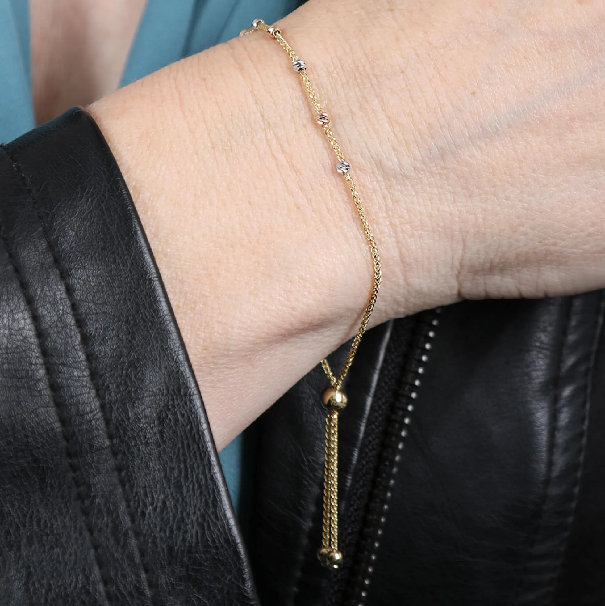 Tri-Tone Beaded Bolo Bracelet 14K