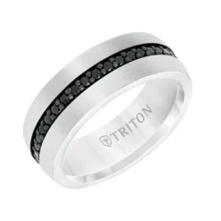 TRITON Stone Comfort Fit Black Sapphire Eternity Band in White Tungsten, 8 mm