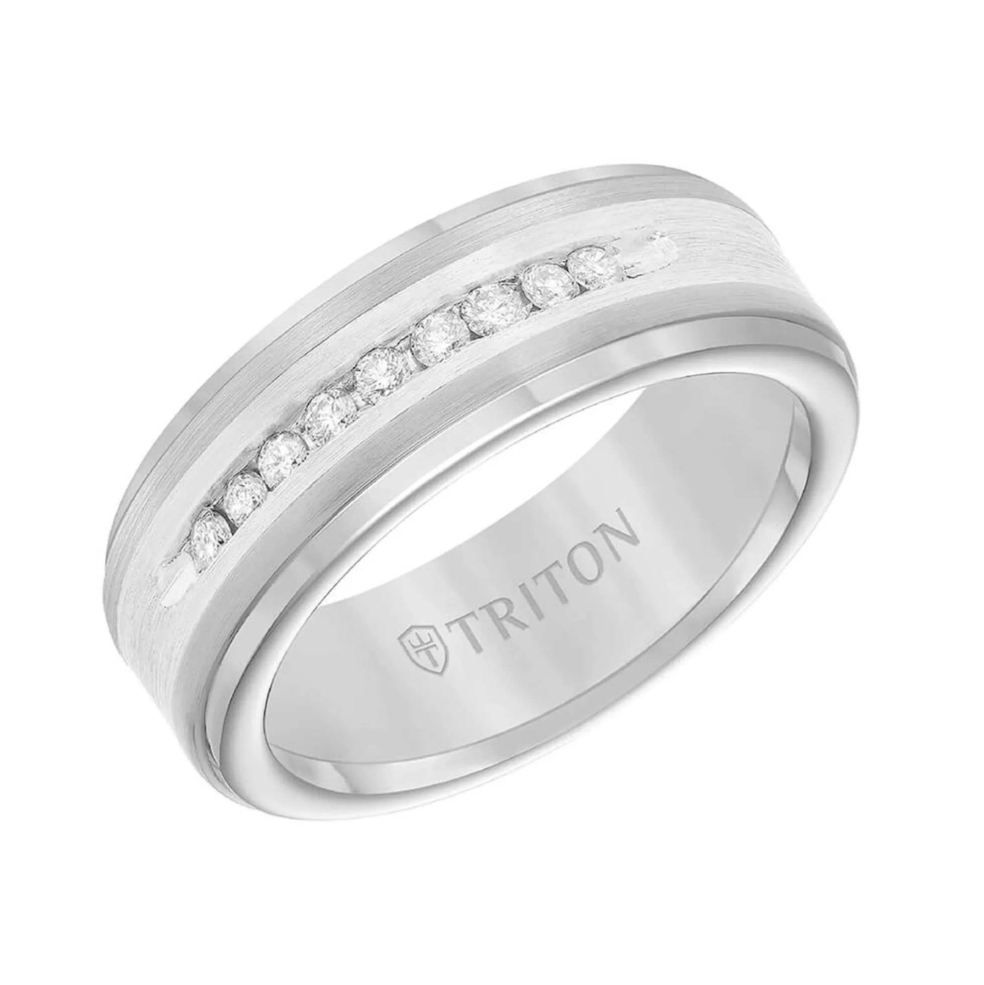 TRITON Stone Contemporary Comfort Fit Satin Finish Diamond Band in Tungsten & Silver, 8 mm