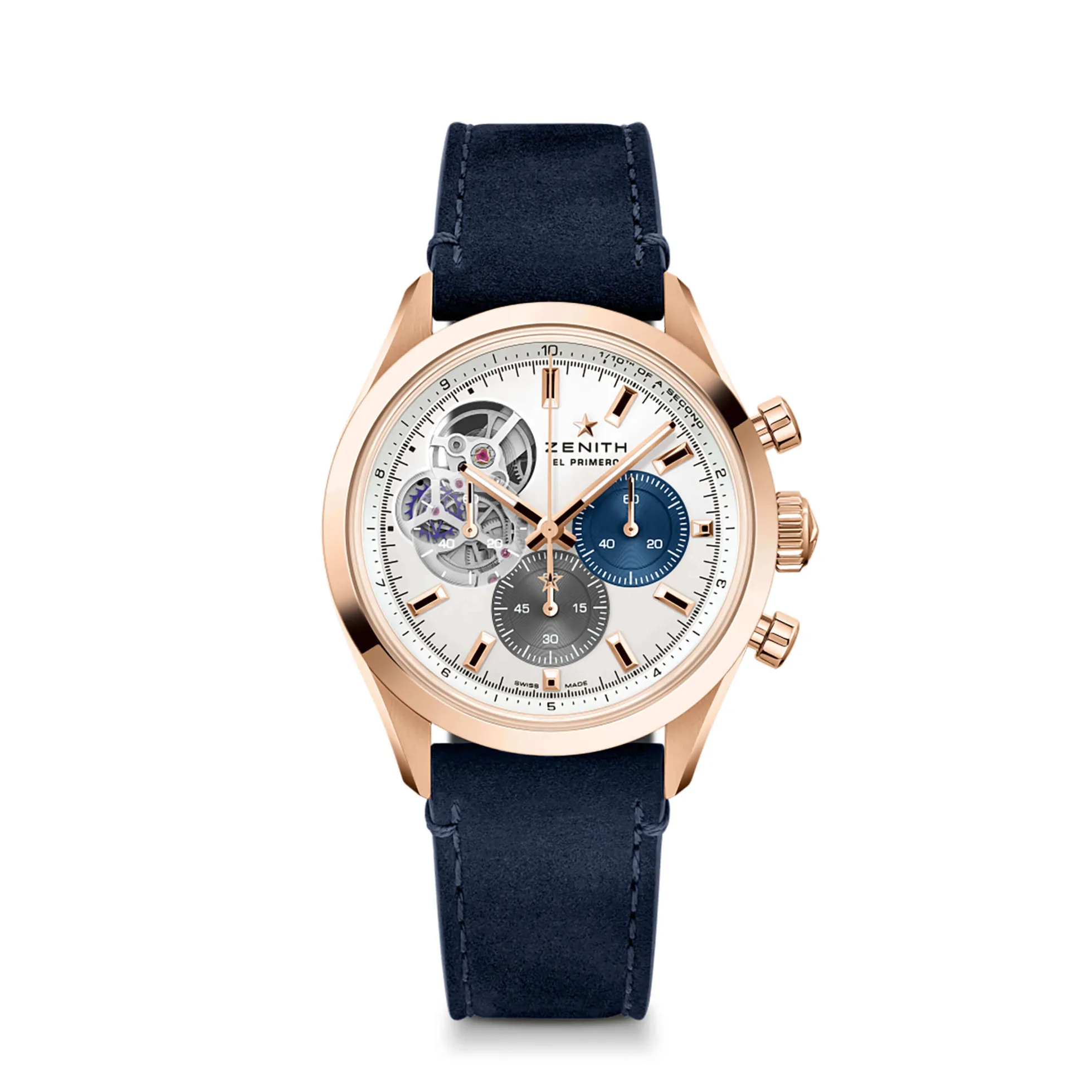 Zenith CHRONOMASTER Open Watch White Dial Blue Leather Strap, 39.5mm